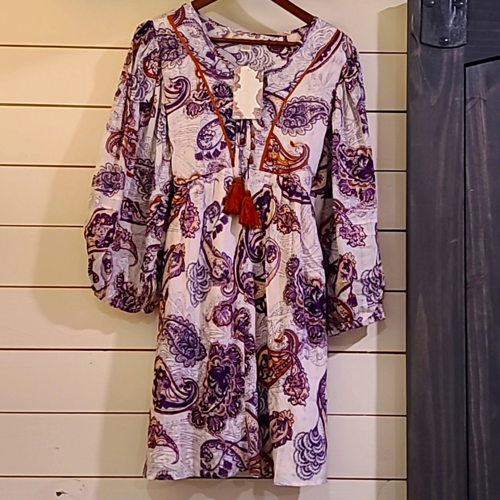 Free People White Dress with Purple Paisley and Rust Tassels